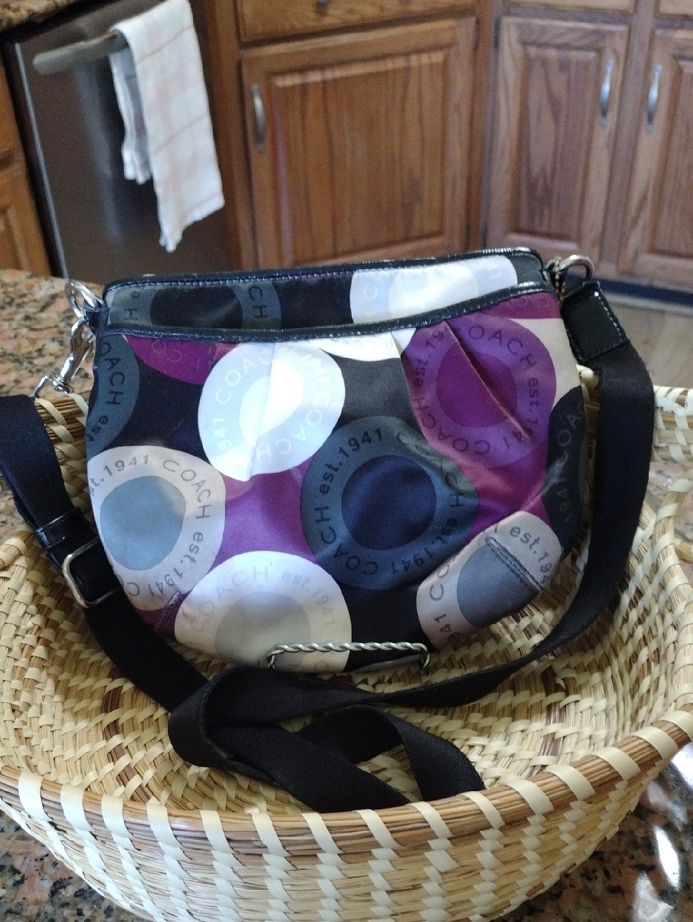 Coach Purple, Black and Gray Circle-Print Crossbody Bag